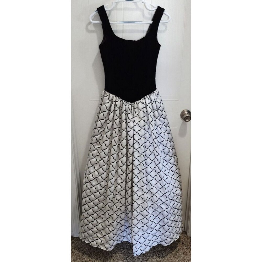 Vtg Cache Ballgown Dress Sleeveless Velvet Corset Top Full Skirt Black/White 4‎